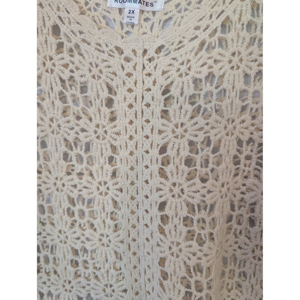 Boho Open Crochet Fringe Top 2X 100% Cotton Cold Shoulder Cream Hippie Festival - Picture 3 of 6